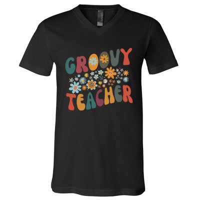 Groovy Teacher Retro Colorful Design Teacher Day Teaching V-Neck T-Shirt