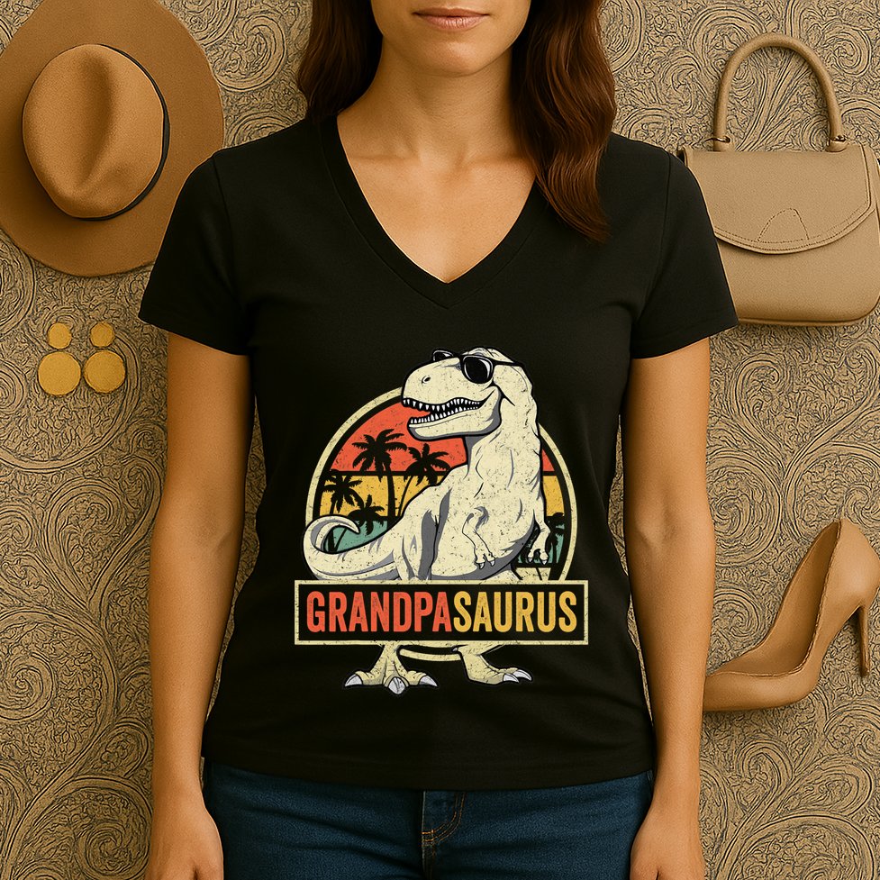 Grandpasaurus T Rex Dinosaur Grandpa Saurus Family Matching Women's V-Neck T-Shirt