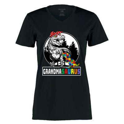 Grandmasaurus T Rex Dinosaur Grandma Saurus Autism Awareness Women's Momentum V-Neck T-Shirt