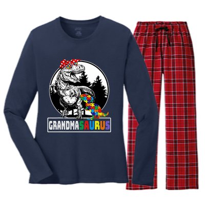 Grandmasaurus T Rex Dinosaur Grandma Saurus Autism Awareness Women's Long Sleeve Flannel Pajama Set 