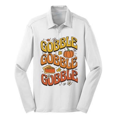 Gobble Turkey Retro Thanksgiving Fall Silk Touch Performance Long Sleeve Polo