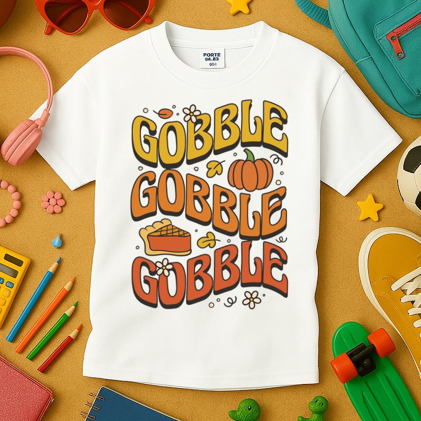 Gobble Turkey Retro Thanksgiving Fall Kids T-Shirt