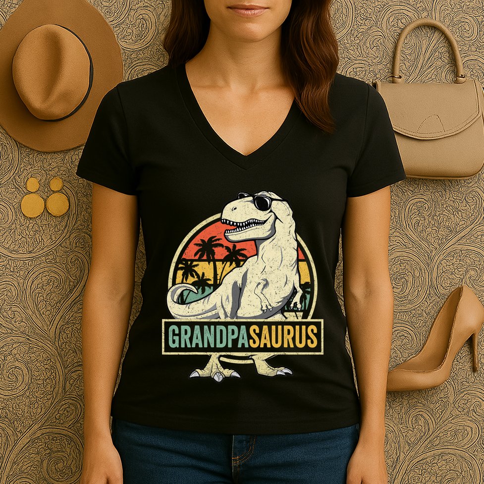 Grandpasaurus T Rex Dinosaur Grandpa Saurus Family Matching Women's V-Neck T-Shirt