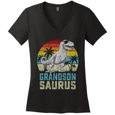 Grandsonsaurus T Rex Dinosaur Grandson Saurus Family Women's V-Neck T-Shirt