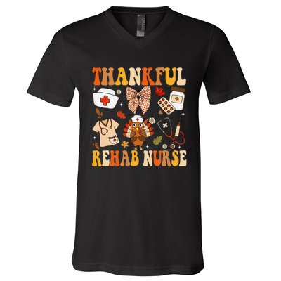 Groovy Thankful Rehab Nurse Thanksgiving Fall Autumn Nurse V-Neck T-Shirt