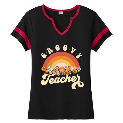 Groovy Teacher Retro Rainbow Colorful Design Teaching Ladies Halftime Notch Neck Tee