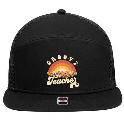 Groovy Teacher Retro Rainbow Colorful Design Teaching 7 Panel Mesh Trucker Snapback Hat