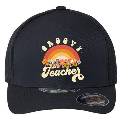 Groovy Teacher Retro Rainbow Colorful Design Teaching Flexfit Unipanel Trucker Cap