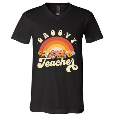 Groovy Teacher Retro Rainbow Colorful Design Teaching V-Neck T-Shirt