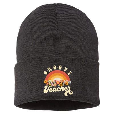 Groovy Teacher Retro Rainbow Colorful Design Teaching Sustainable Knit Beanie