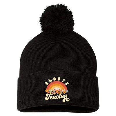 Groovy Teacher Retro Rainbow Colorful Design Teaching Pom Pom 12in Knit Beanie