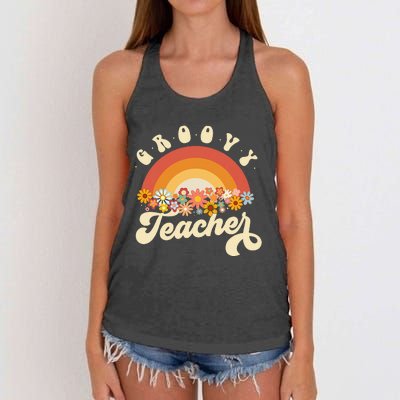 Groovy Teacher Retro Rainbow Colorful Design Teaching Women's Knotted Racerback Tank