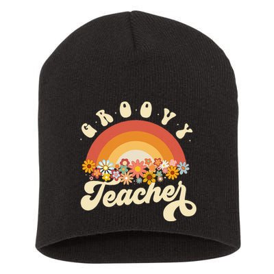 Groovy Teacher Retro Rainbow Colorful Design Teaching Short Acrylic Beanie