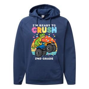 Gamer T Rex On Monster Truck Im Ready To Crush 2nd Grade Boy Performance Fleece Hoodie