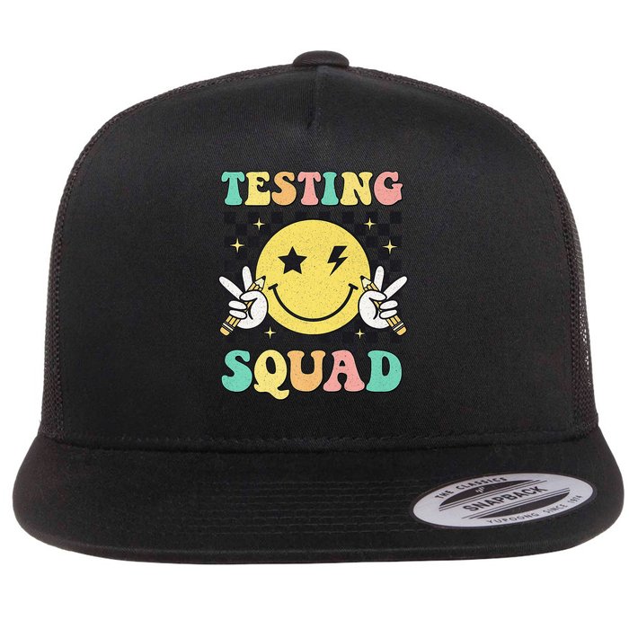 Groovy Testing Squad Smile Face Test Day Teacher Student Flat Bill Trucker Hat