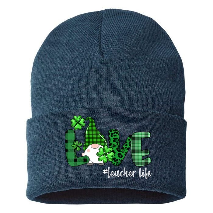 Gnome Teacher St Patricks day Love Teacher Life Shamrock Sustainable Knit Beanie