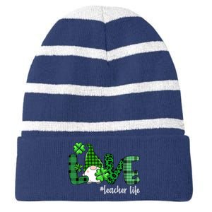 Gnome Teacher St Patricks day Love Teacher Life Shamrock Striped Beanie with Solid Band