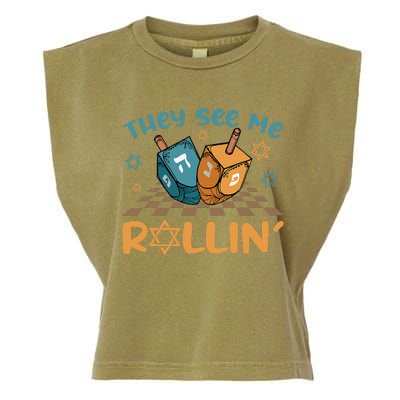 Groovy They See Me Rollin Hanukkah 2024 Dreidel Game Jewish Garment-Dyed Women's Muscle Tee