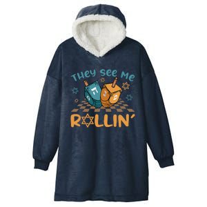 Groovy They See Me Rollin Hanukkah 2024 Dreidel Game Jewish Hooded Wearable Blanket