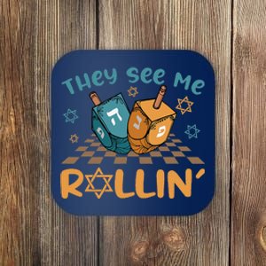 Groovy They See Me Rollin Hanukkah 2024 Dreidel Game Jewish Coaster