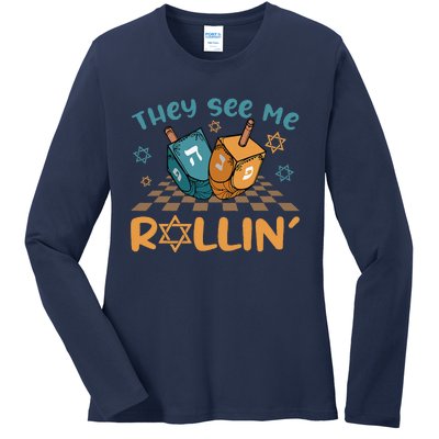 Groovy They See Me Rollin Hanukkah 2024 Dreidel Game Jewish Ladies Long Sleeve Shirt