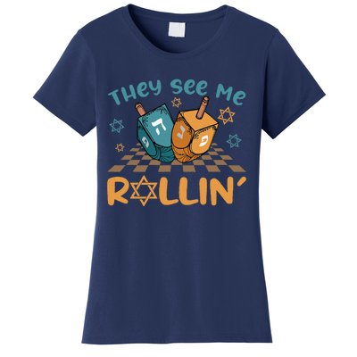 Groovy They See Me Rollin Hanukkah 2024 Dreidel Game Jewish Women's T-Shirt