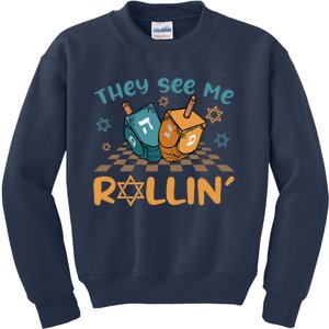 Groovy They See Me Rollin Hanukkah 2024 Dreidel Game Jewish Kids Sweatshirt