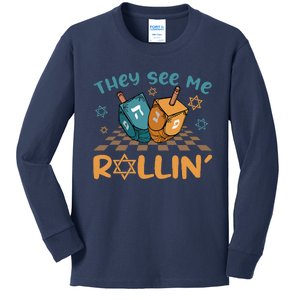 Groovy They See Me Rollin Hanukkah 2024 Dreidel Game Jewish Kids Long Sleeve Shirt