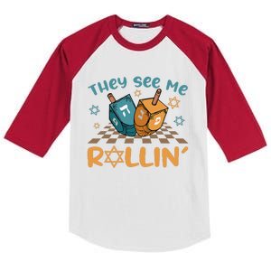 Groovy They See Me Rollin Hanukkah 2024 Dreidel Game Jewish Kids Colorblock Raglan Jersey