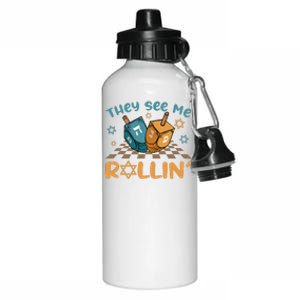 Groovy They See Me Rollin Hanukkah 2024 Dreidel Game Jewish Aluminum Water Bottle