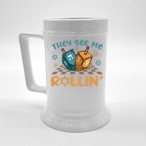 Groovy They See Me Rollin Hanukkah 2024 Dreidel Game Jewish Beer Stein