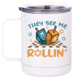 Groovy They See Me Rollin Hanukkah 2024 Dreidel Game Jewish 12 oz Stainless Steel Tumbler Cup