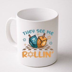 Groovy They See Me Rollin Hanukkah 2024 Dreidel Game Jewish Coffee Mug