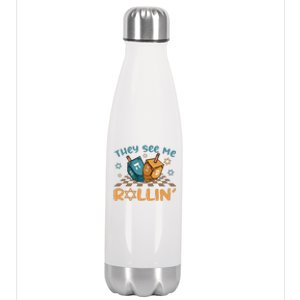 Groovy They See Me Rollin Hanukkah 2024 Dreidel Game Jewish Stainless Steel Insulated Water Bottle