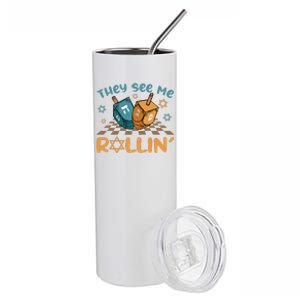 Groovy They See Me Rollin Hanukkah 2024 Dreidel Game Jewish Stainless Steel Tumbler