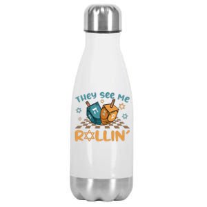 Groovy They See Me Rollin Hanukkah 2024 Dreidel Game Jewish Stainless Steel Insulated Water Bottle