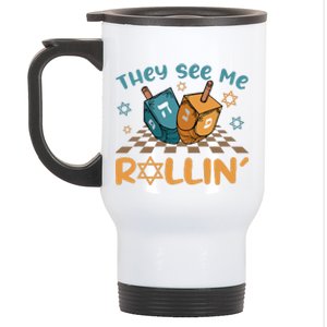 Groovy They See Me Rollin Hanukkah 2024 Dreidel Game Jewish Stainless Steel Travel Mug