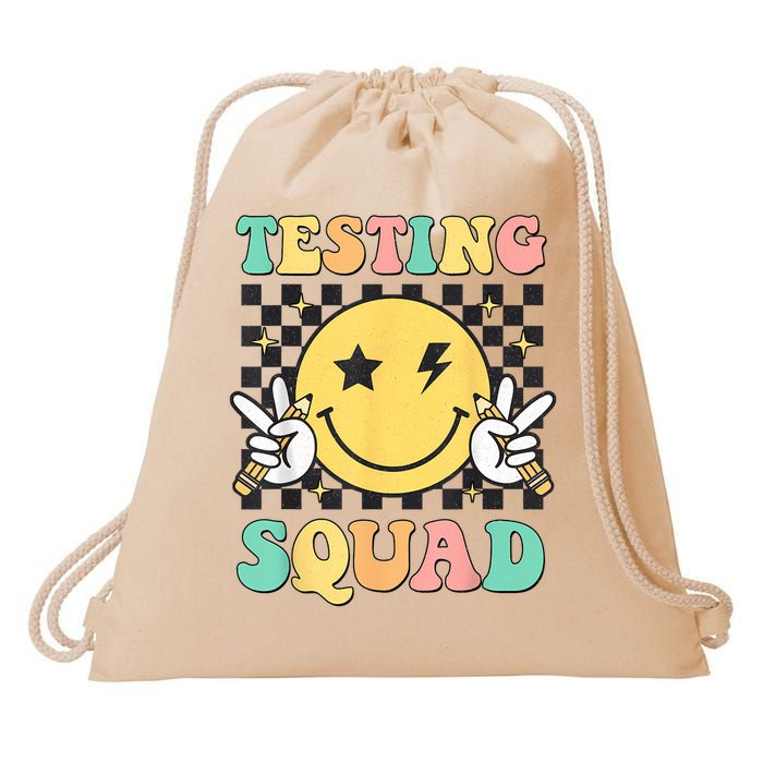 Groovy Testing Squad Smile Face Test Day Teacher Student Drawstring Bag