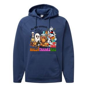 Ghost Turkey Snowman Funny Happy Hallothanksmas Gift Performance Fleece Hoodie