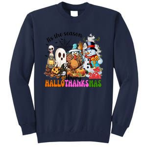 Ghost Turkey Snowman Funny Happy Hallothanksmas Gift Tall Sweatshirt