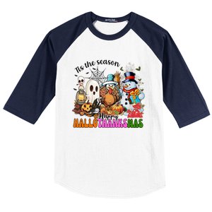 Ghost Turkey Snowman Funny Happy Hallothanksmas Gift Baseball Sleeve Shirt