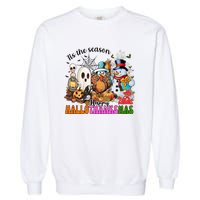 Ghost Turkey Snowman Funny Happy Hallothanksmas Gift Garment-Dyed Sweatshirt