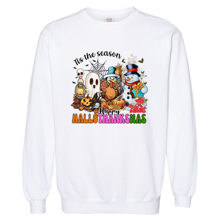 Ghost Turkey Snowman Funny Happy Hallothanksmas Gift Garment-Dyed Sweatshirt