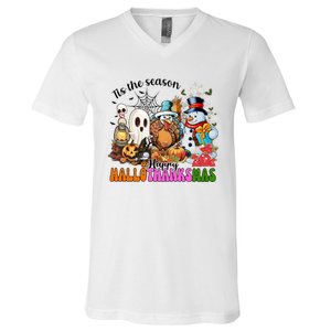 Ghost Turkey Snowman Funny Happy Hallothanksmas Gift V-Neck T-Shirt