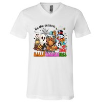 Ghost Turkey Snowman Funny Happy Hallothanksmas Gift V-Neck T-Shirt