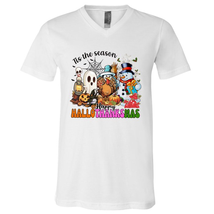 Ghost Turkey Snowman Funny Happy Hallothanksmas Gift V-Neck T-Shirt