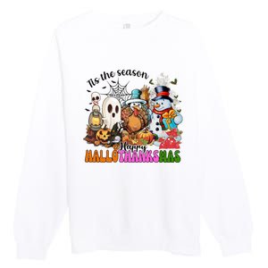 Ghost Turkey Snowman Funny Happy Hallothanksmas Gift Premium Crewneck Sweatshirt