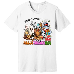 Ghost Turkey Snowman Funny Happy Hallothanksmas Gift Premium T-Shirt