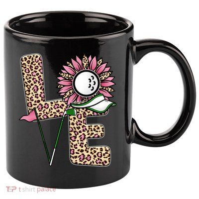 Golf T Shirts, Love Golf Leopard Sunflower Sports Ball Valentine Plus Size 11oz C Handle Ceramic Mug