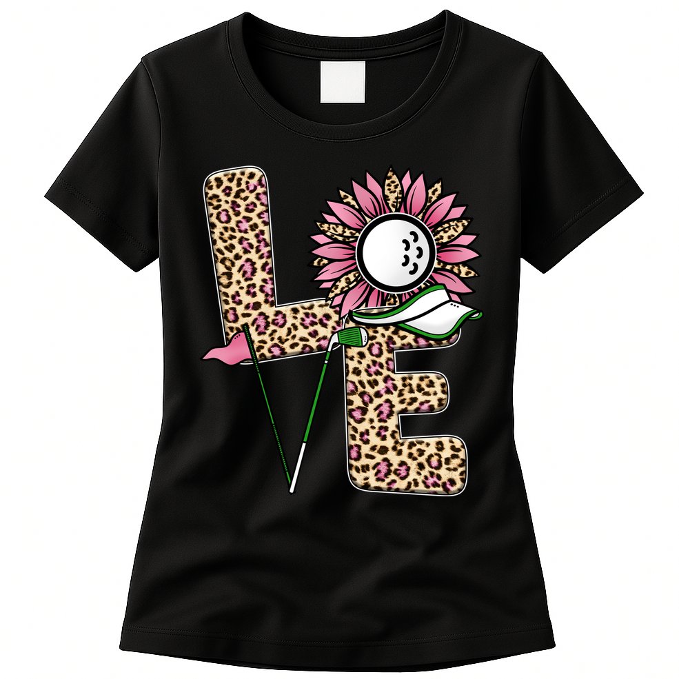 Golf T Shirts, Love Golf Leopard Sunflower Sports Ball Valentine Plus Size Womens T-Shirt